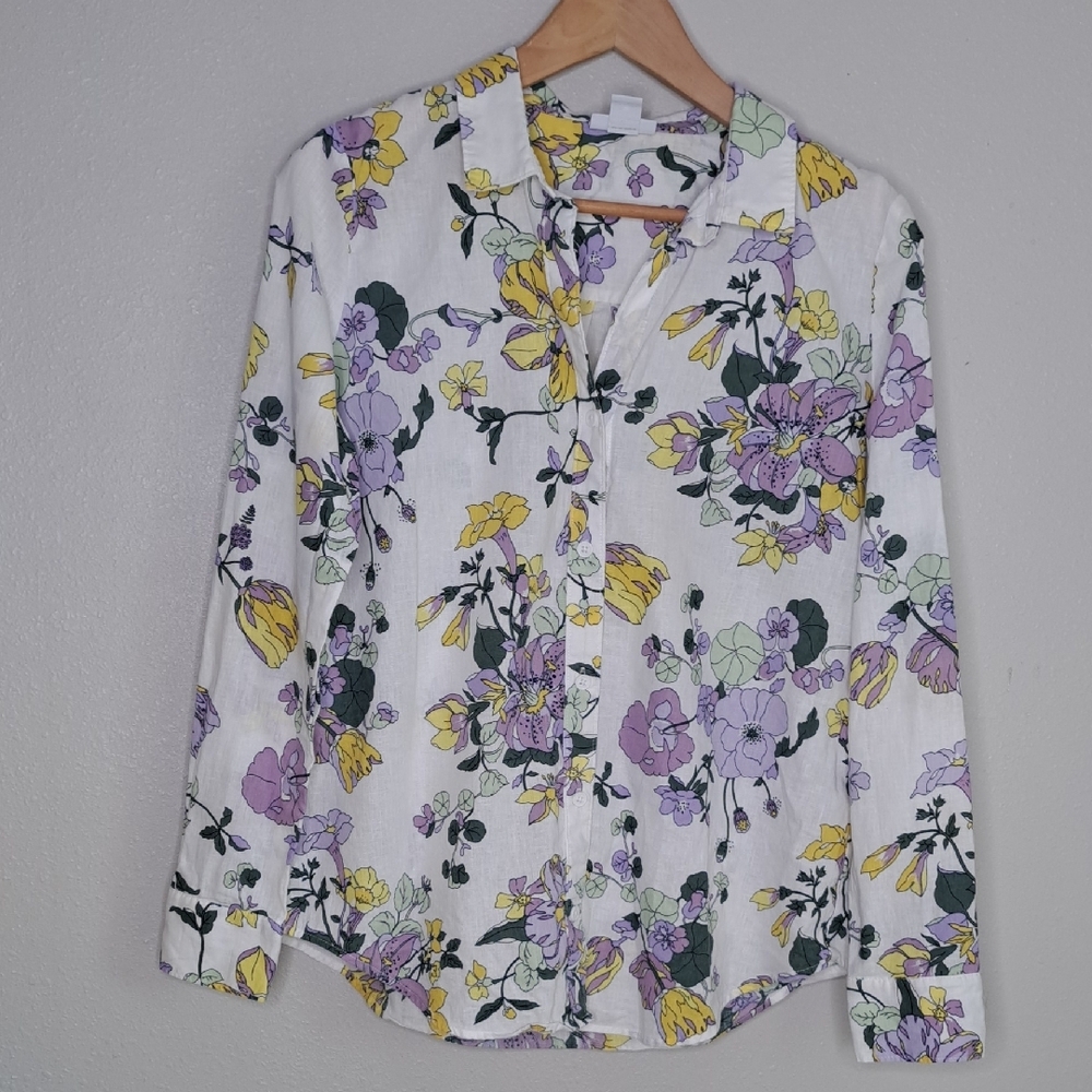 Liz Claiborne Linen Shirt Button-up Lily Floral Spring Summer Boho M